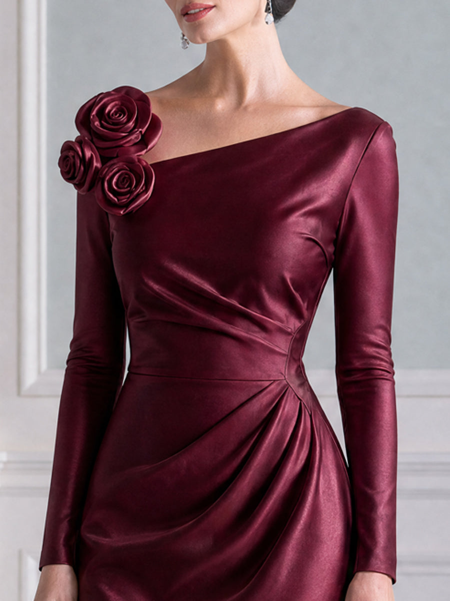 Asymmetric Neck 3D Floral Ruched Long Sleeve Midi Dress