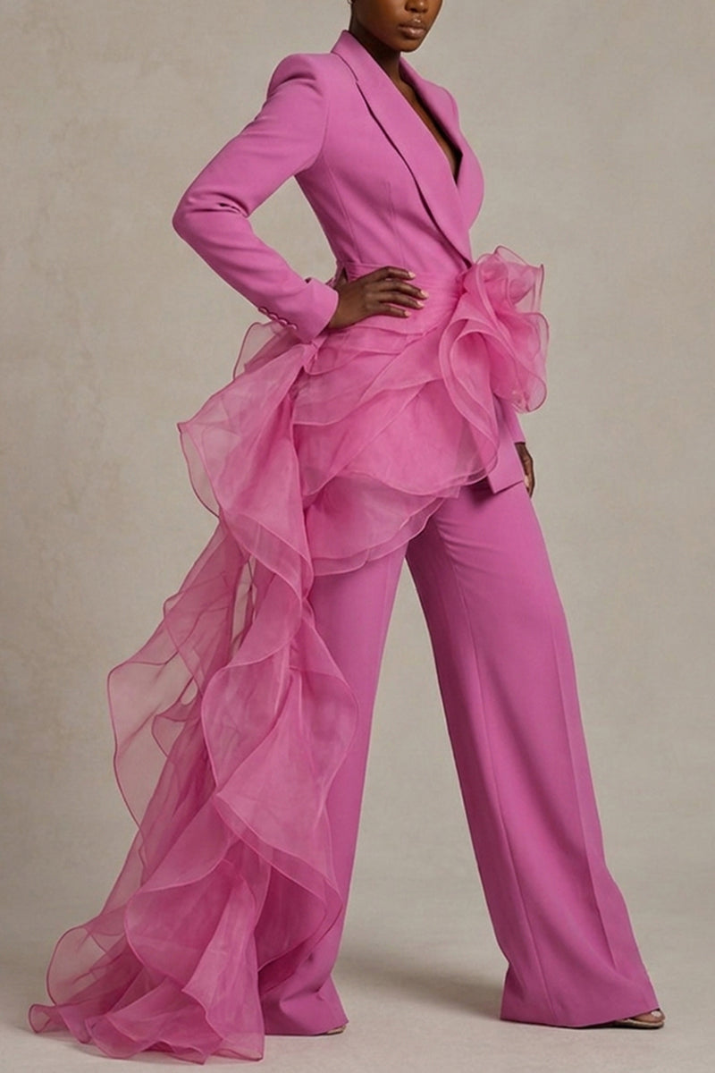 Women's Fashion Commuter Mesh Ruffle Lapel Blazer or Suit Pants