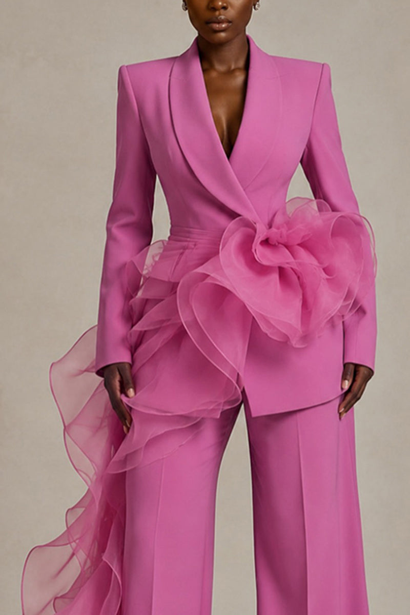 Women's Fashion Commuter Mesh Ruffle Lapel Blazer or Suit Pants
