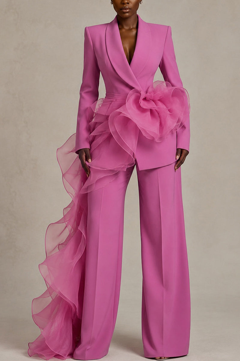 Women's Fashion Commuter Mesh Ruffle Lapel Blazer or Suit Pants