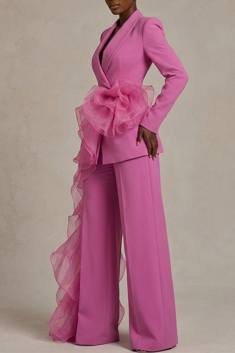 Women's Fashion Commuter Mesh Ruffle Lapel Blazer or Suit Pants