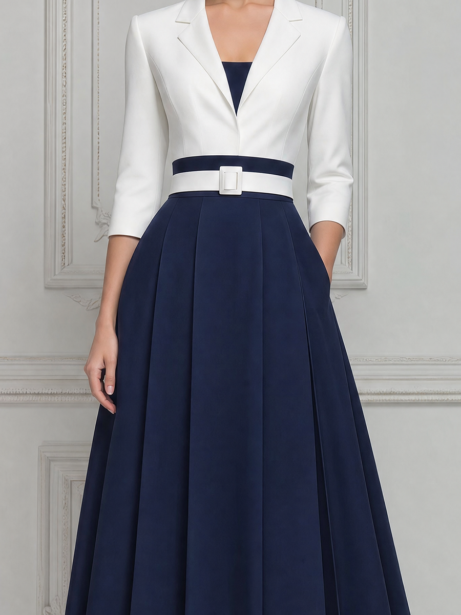 White Dress Fall Wedding Guest Dress Navy Pleated A-Line Blazer Midi Dress