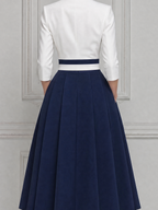 White Dress Fall Wedding Guest Dress Navy Pleated A-Line Blazer Midi Dress