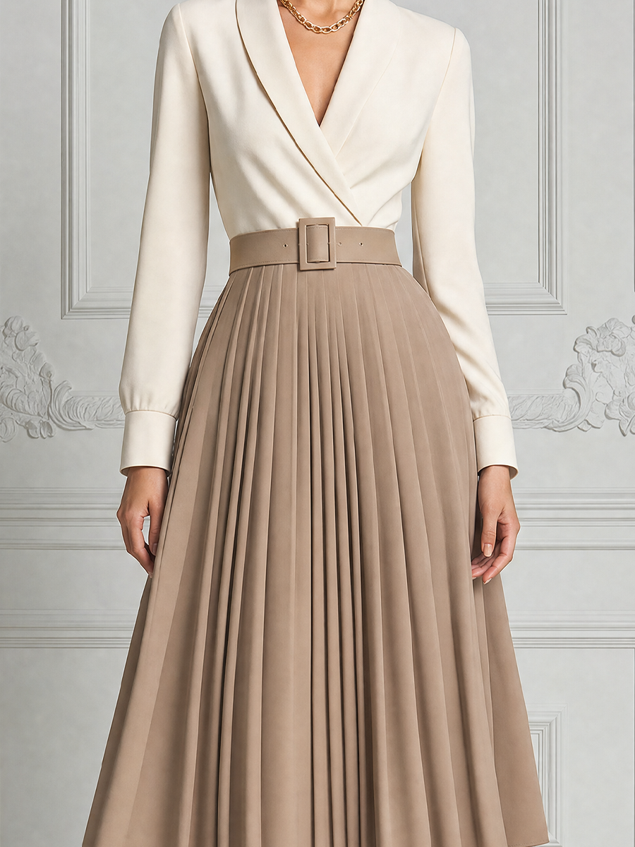 White Dress Fall Wedding Guest Dress Belted Pleated A-Line Midi Dress