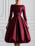 Elegant Burgundy Satin Off-Shoulder Bubble Hem Midi Dress