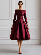Elegant Burgundy Satin Off-Shoulder Bubble Hem Midi Dress