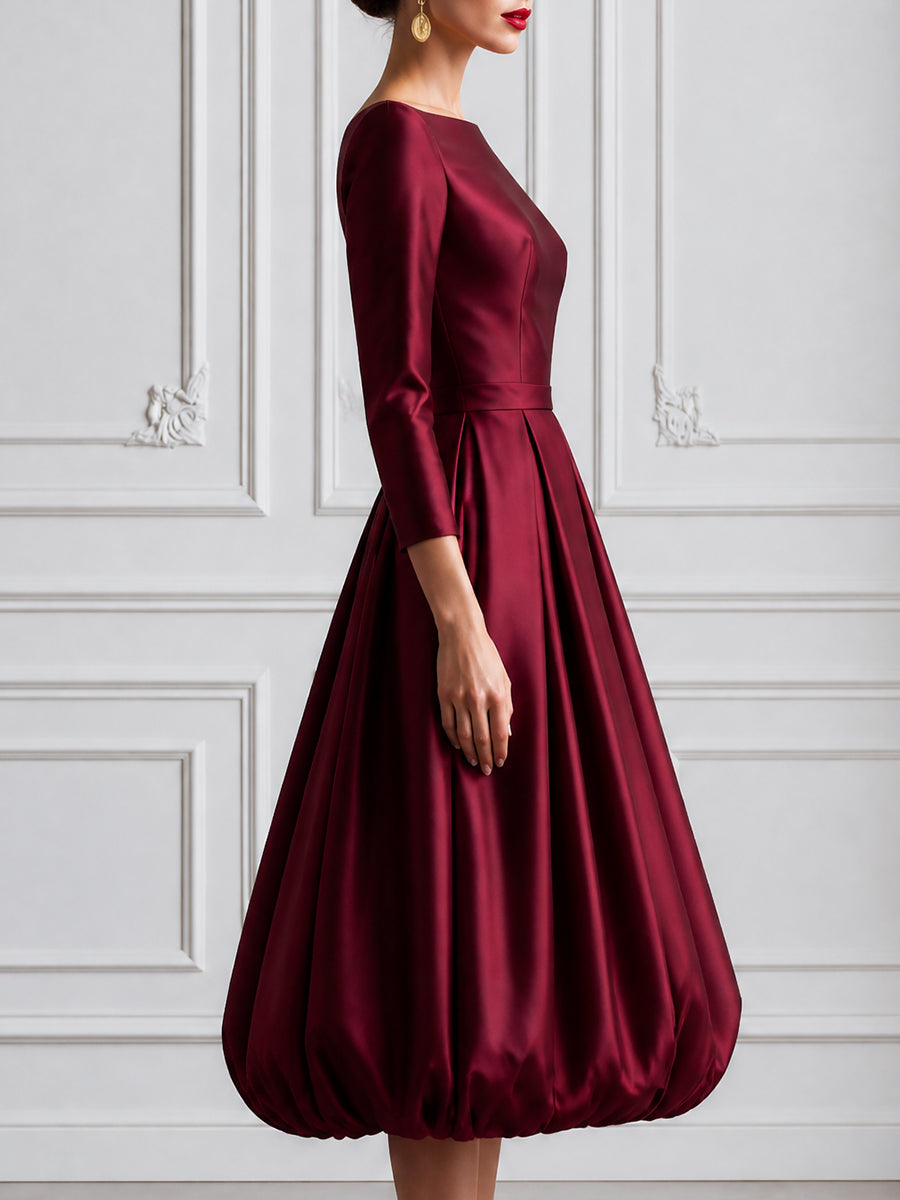 Elegant Burgundy Satin Off-Shoulder Bubble Hem Midi Dress