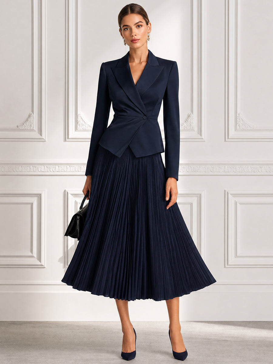 Tailored Blazer Pleated Midi Skirt Two-Piece Set