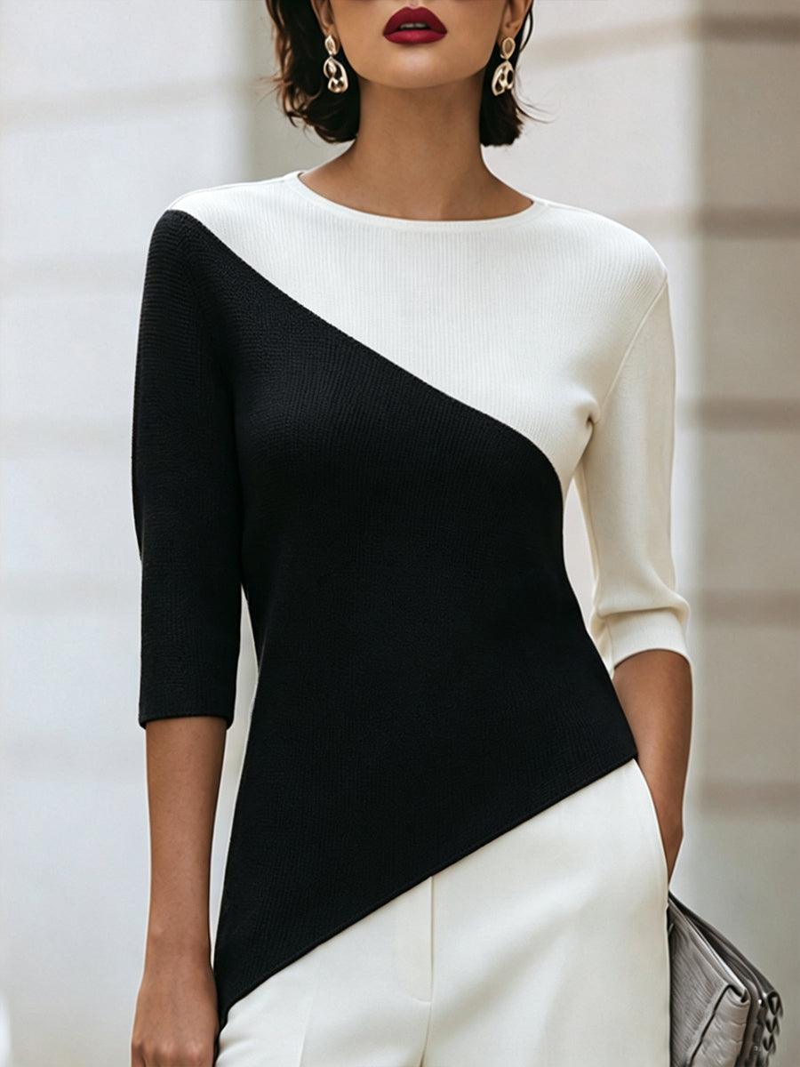 Asymmetric Color-Block 3/4 Sleeve Knit Top