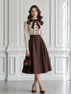 Vintage Bow-Tie Ruffle Blouse & Pleated A-Line Midi Skirt Set