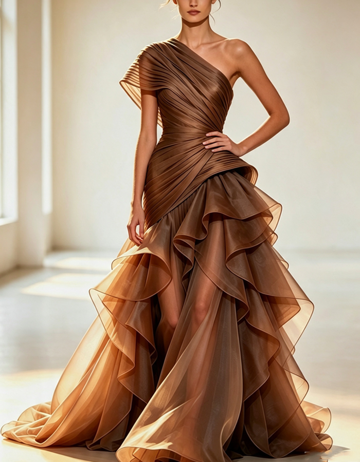 Asymmetrical One-shoulder Pleats Maxi Dress