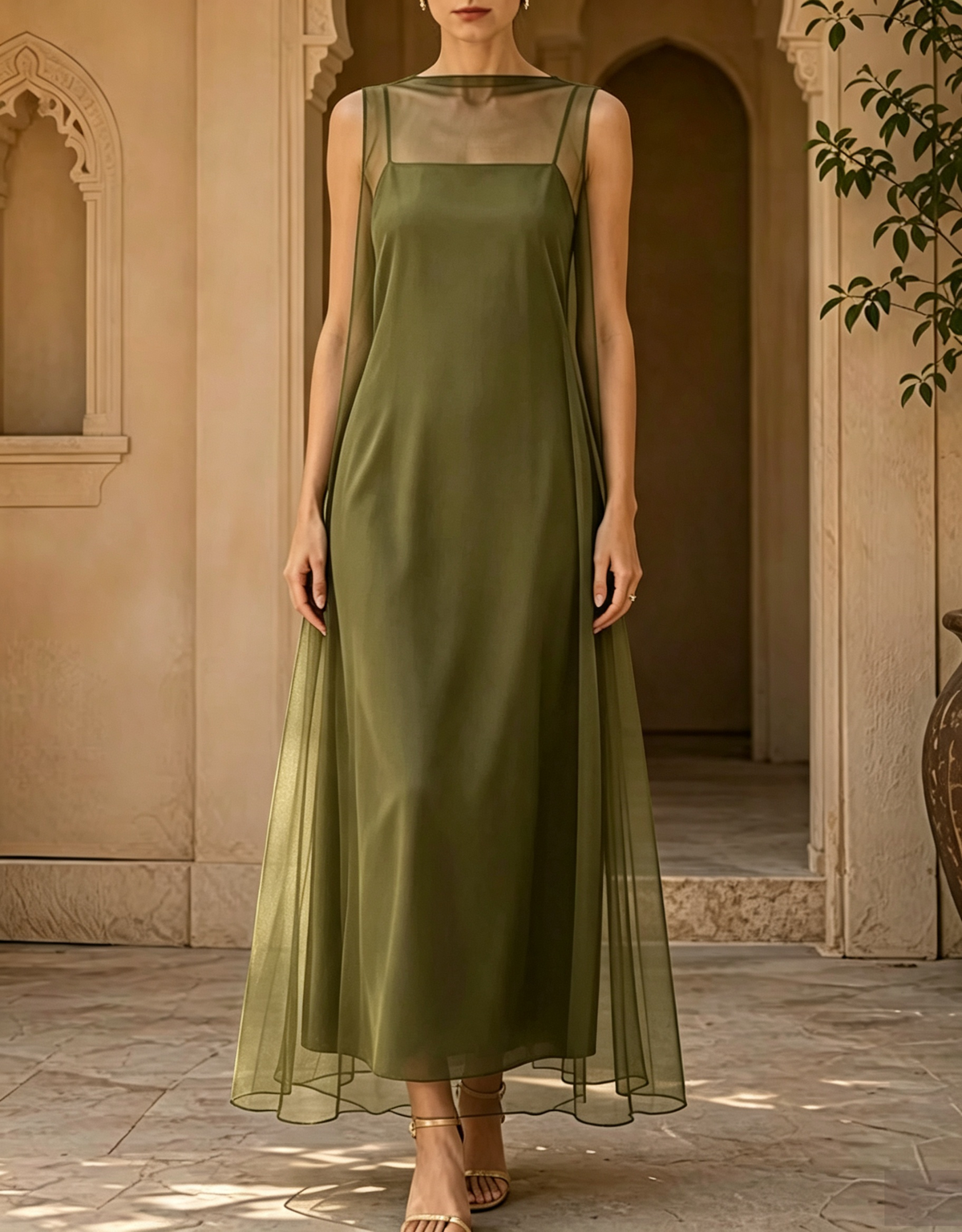 Cami Slip with Tulle Overlay 2‑Piece Evening Maxi Dress
