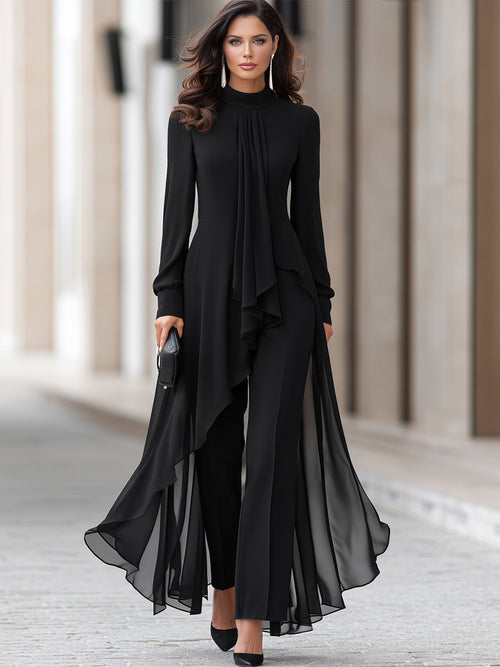 Chiffon Overlay Tunic And Tailored Wide-Leg Pants Set