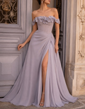 Off‑the‑Shoulder 3D Floral Chiffon A‑Line Evening Maxi Dress