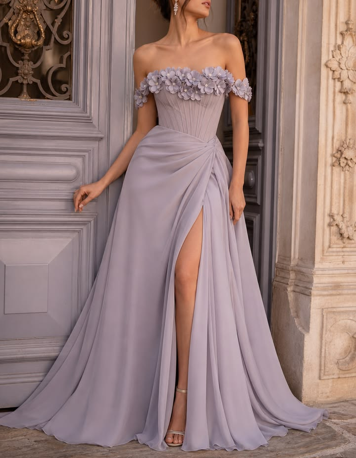 Off‑the‑Shoulder 3D Floral Chiffon A‑Line Evening Maxi Dress