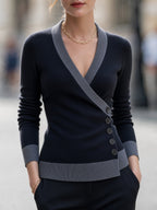 Contrast Trim Wrap-Front Ribbed Knit Top