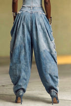 Women's Fashion Wide Shoulder Denim Jacket or Patchwork Strapless or Loose Pleated Jeans