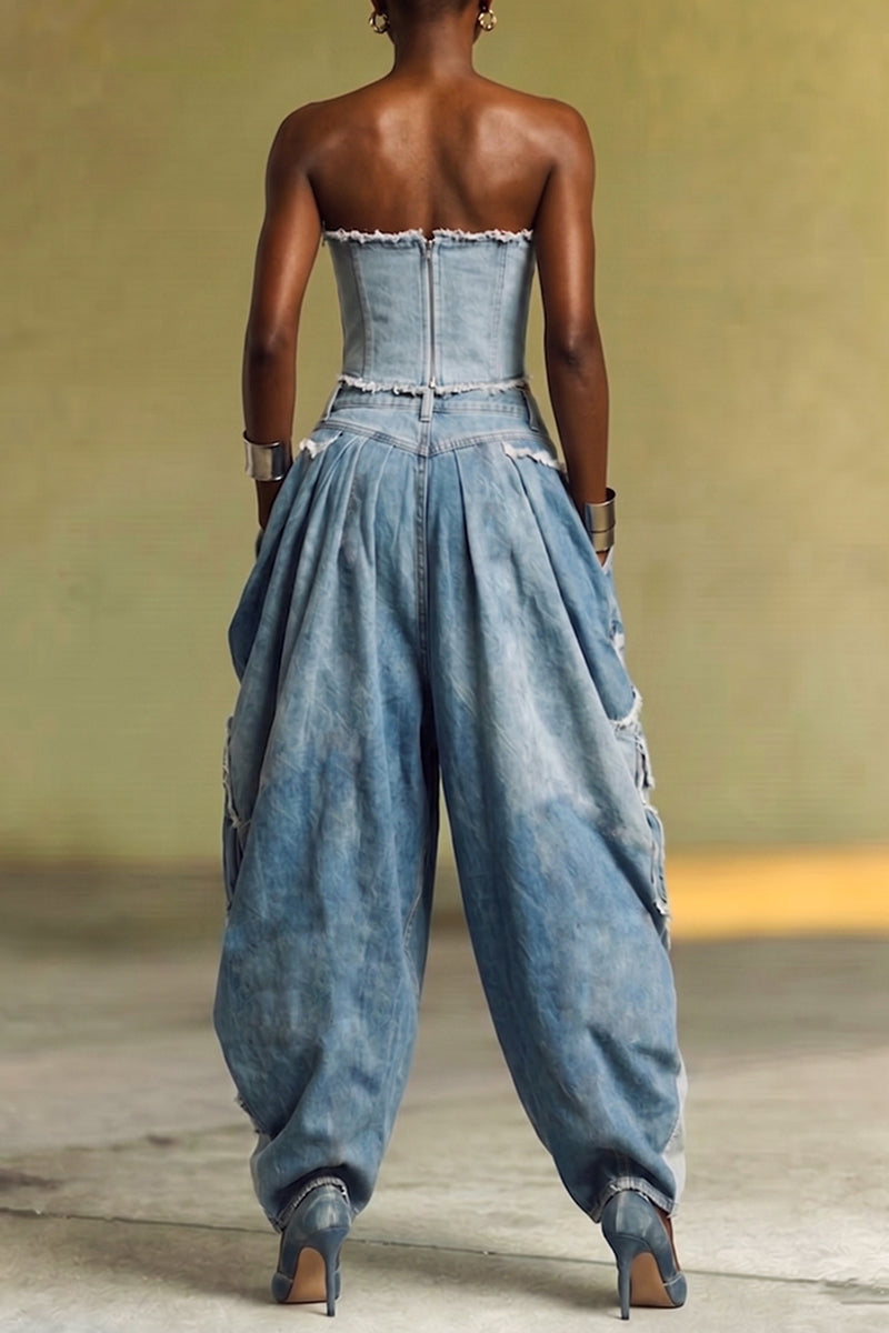Women's Fashion Wide Shoulder Denim Jacket or Patchwork Strapless or Loose Pleated Jeans