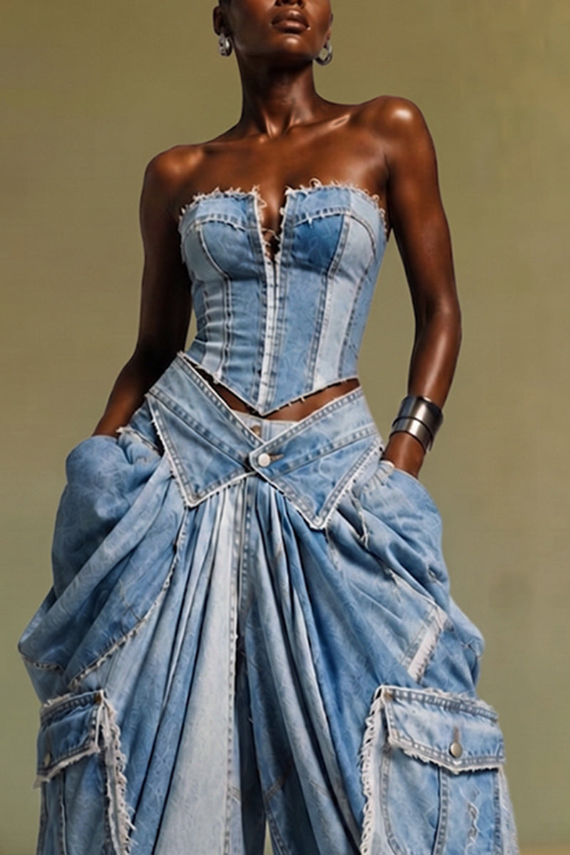 Women's Fashion Wide Shoulder Denim Jacket or Patchwork Strapless or Loose Pleated Jeans