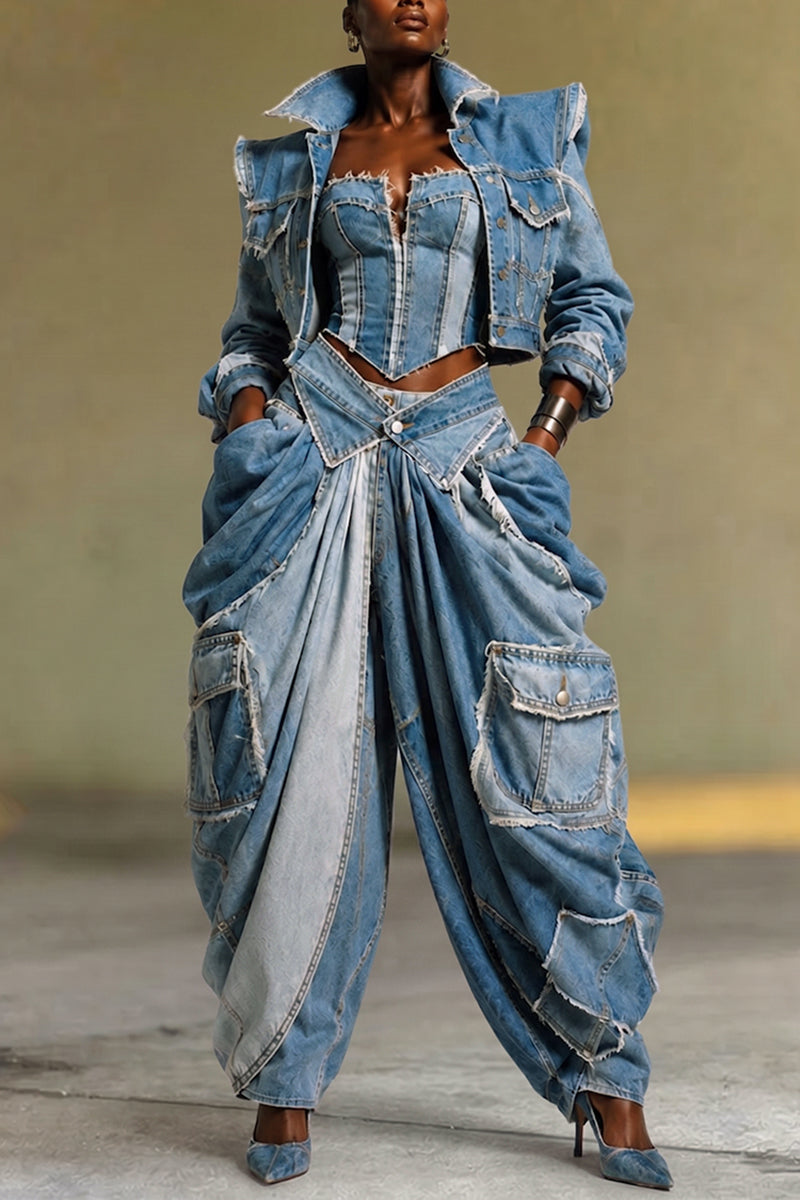 Women's Fashion Wide Shoulder Denim Jacket or Patchwork Strapless or Loose Pleated Jeans