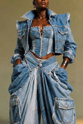 Women's Fashion Wide Shoulder Denim Jacket or Patchwork Strapless or Loose Pleated Jeans