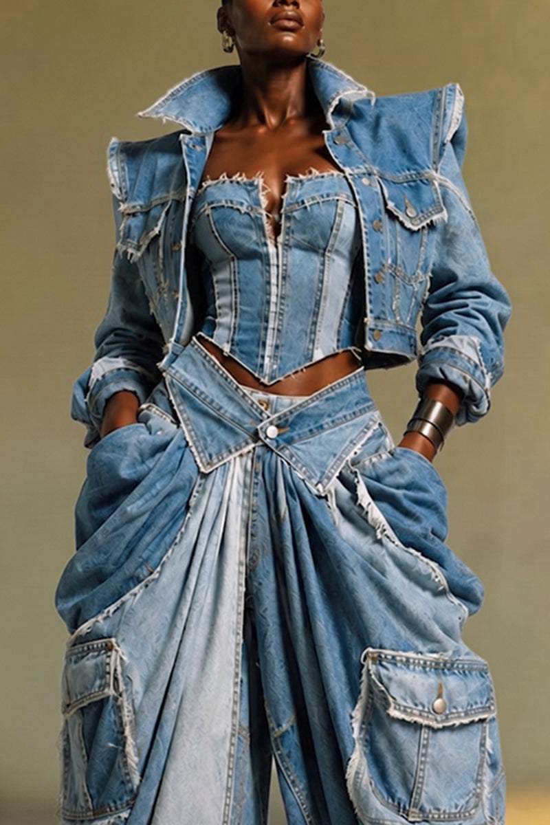 Women's Fashion Wide Shoulder Denim Jacket or Patchwork Strapless or Loose Pleated Jeans