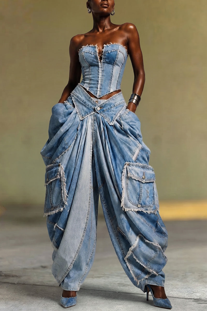 Women's Fashion Wide Shoulder Denim Jacket or Patchwork Strapless or Loose Pleated Jeans