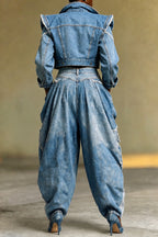 Women's Fashion Wide Shoulder Denim Jacket or Patchwork Strapless or Loose Pleated Jeans