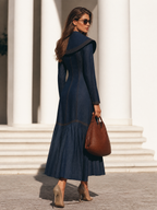 Women's Oversized Collar and Button Front Long Sleeve Denim Maxi Dress