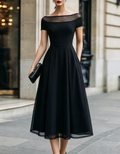Illusion Boat‑Neck Crepe Tulle A‑Line Formal Midi Dress