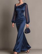 Asymmetrical Floral Appliqué Tulle Puff Sleeve Satin Maxi Dress