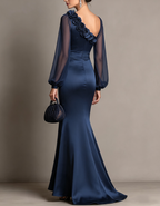 Asymmetrical Floral Appliqué Tulle Puff Sleeve Satin Maxi Dress