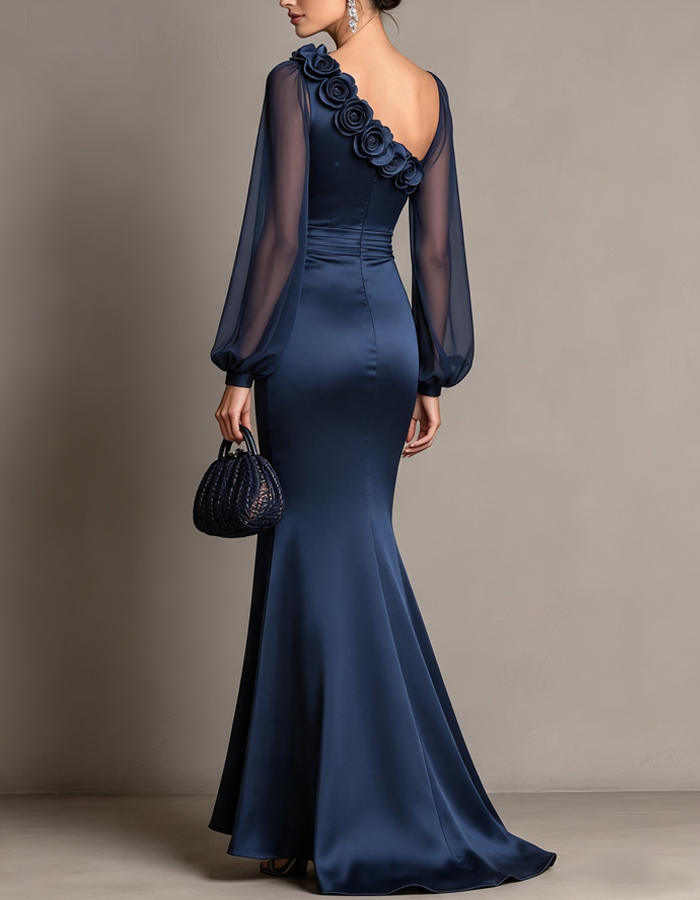 Asymmetrical Floral Appliqué Tulle Puff Sleeve Satin Maxi Dress