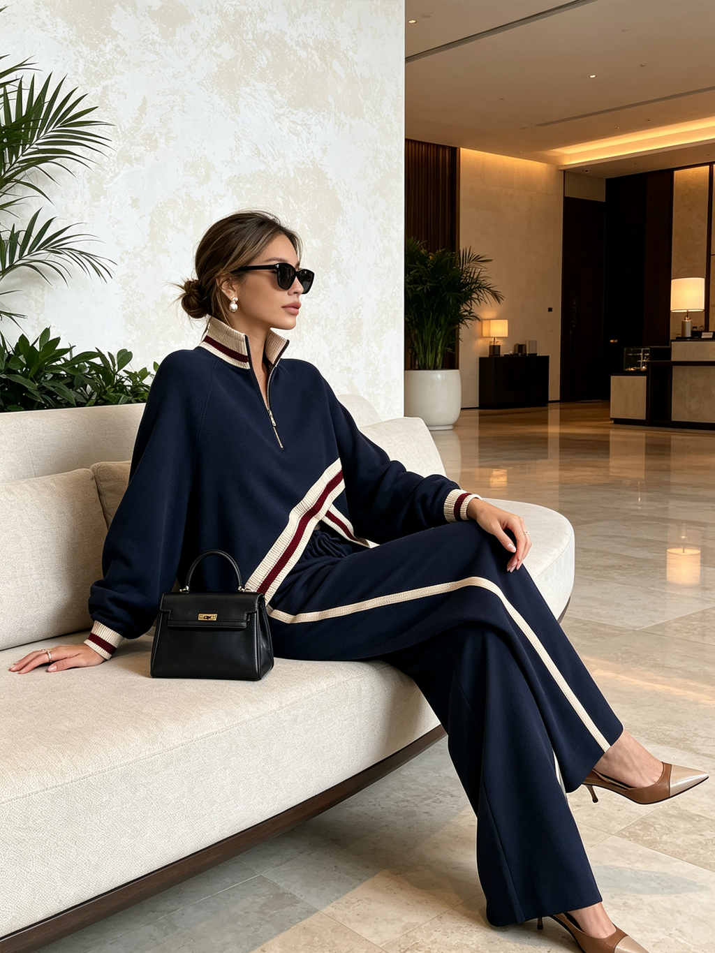 Navy Contrast Stripe Half‑Zip Air Layer Two‑Piece Tracksuit Set
