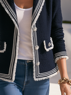 Retro Elegance Tweed-Style Contrast Trim Fringe Jacket