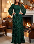 Round Neck Puff Long Sleeve Chiffon Ruffle Maxi Dress
