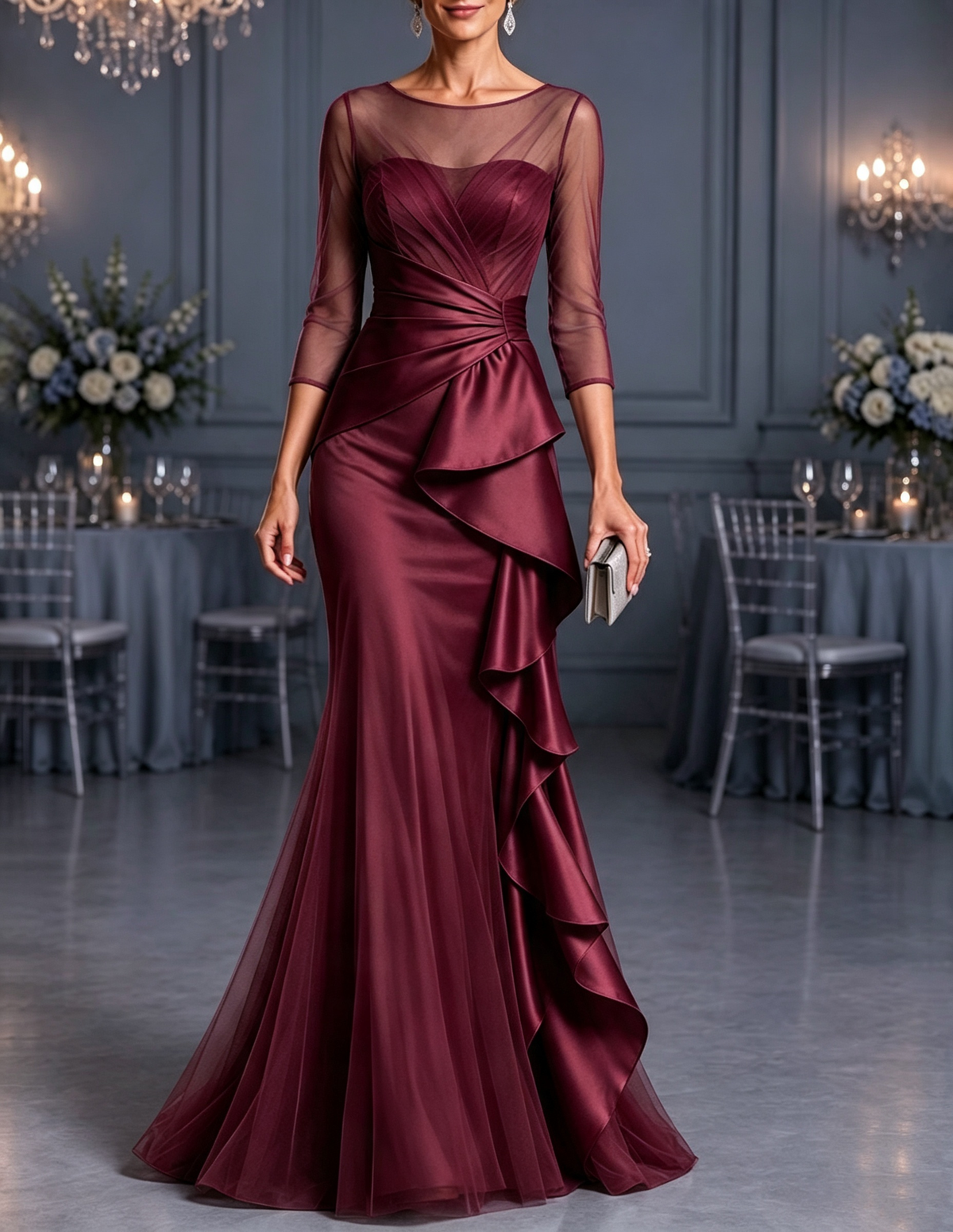 Round Neck Tulle & Satin Cascading Ruffles 3/4 Sleeve Mermaid Maxi Dress