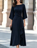 Boat Neck Half Sleeve Twist Waist Ruffle Midi Dress