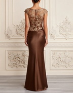 Chocolate Brown Bateau Neck Cap‑Sleeve Lace Satin Mermaid Maxi Dress