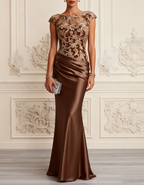 Chocolate Brown Bateau Neck Cap‑Sleeve Lace Satin Mermaid Maxi Dress