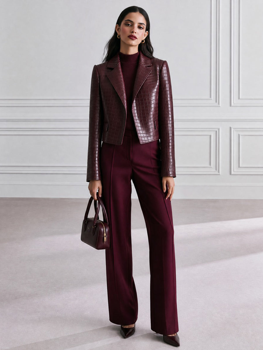 Women's Croc-Embossed Faux Leather Cropped Blazer Jacket