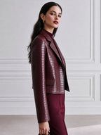 Women's Croc-Embossed Faux Leather Cropped Blazer Jacket