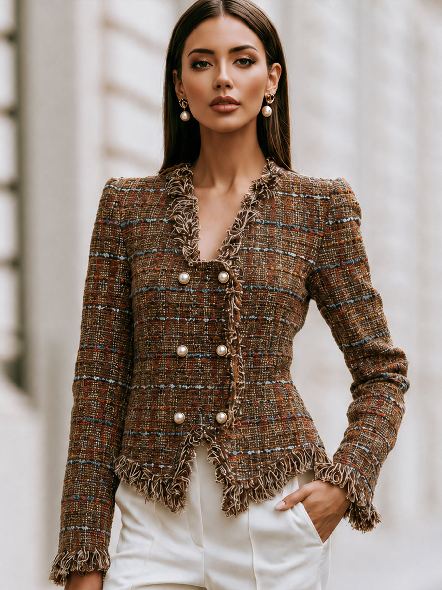 Fringe-Trim Tweed Peplum Jacket