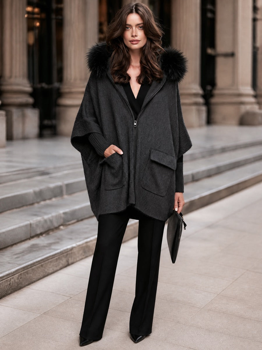 Faux Fur Trim Hooded Zip-Up Cape Coat