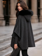Faux Fur Trim Hooded Zip-Up Cape Coat