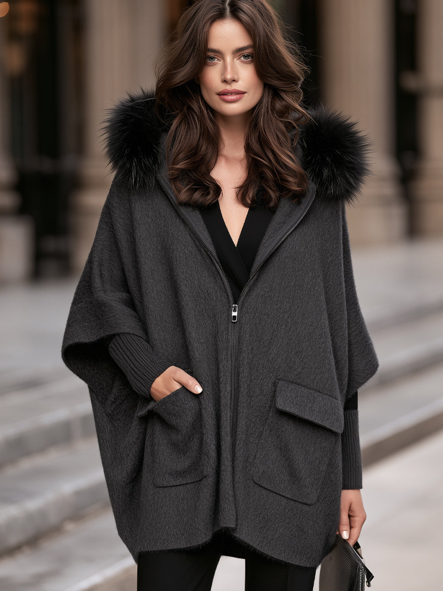 Faux Fur Trim Hooded Zip-Up Cape Coat