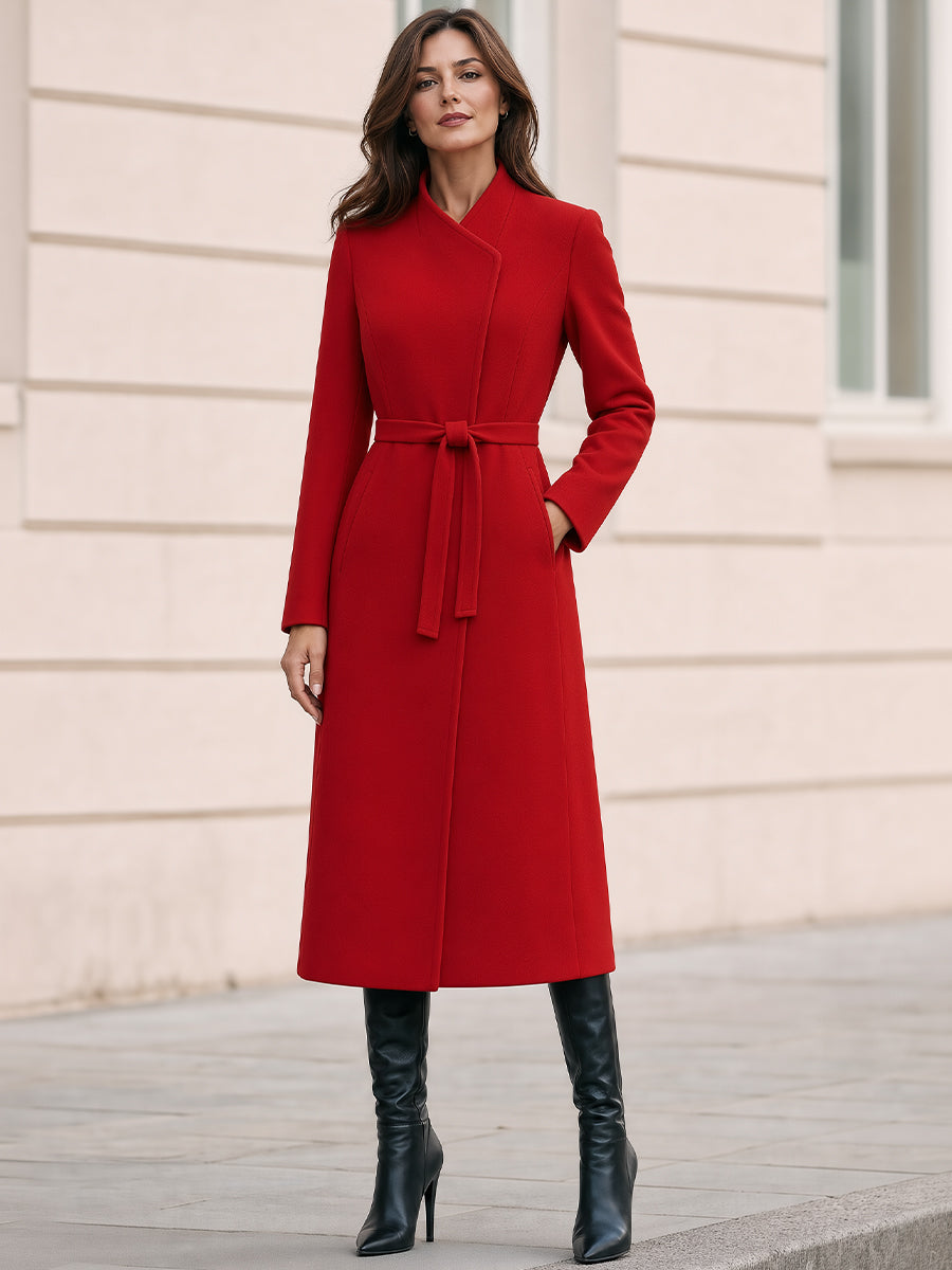 Asymmetric‑Collared Belted Wool‑Blend Midi Wrap Coat