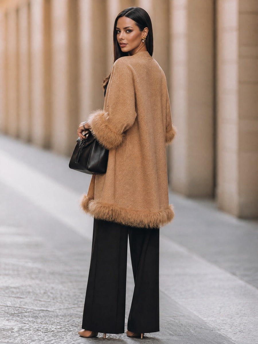Faux Fur Trim Open-Front Knit Coat