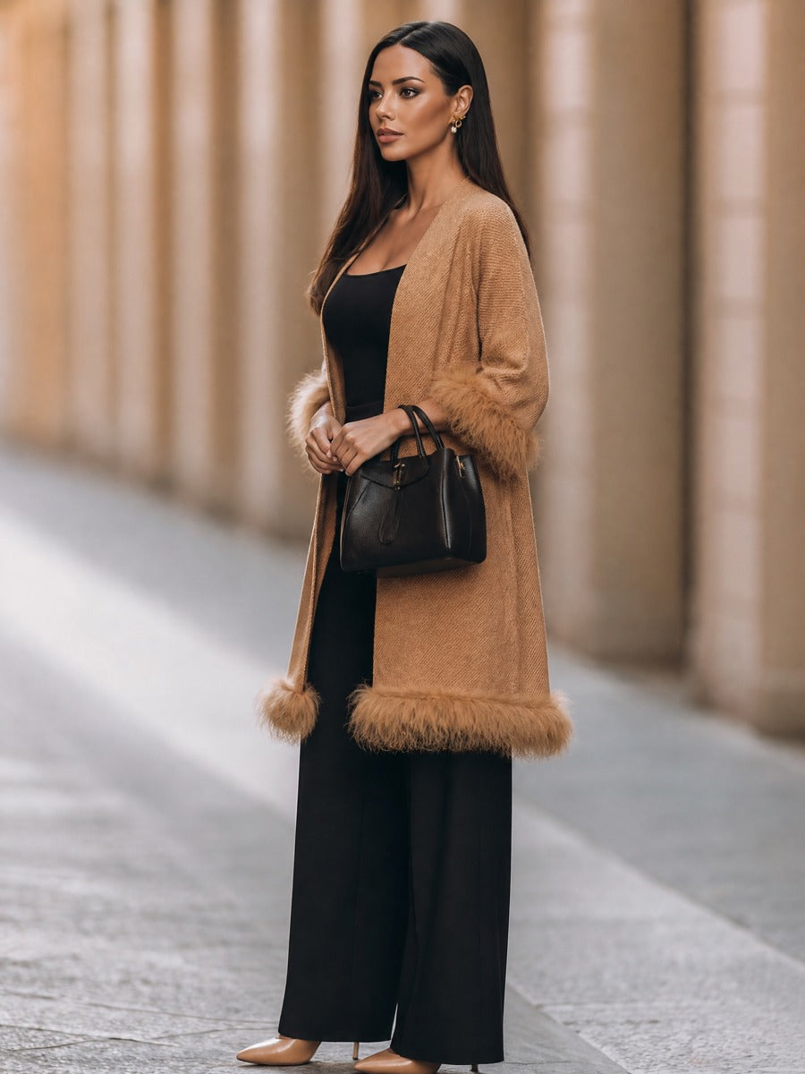 Faux Fur Trim Open-Front Knit Coat