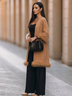 Faux Fur Trim Open-Front Knit Coat